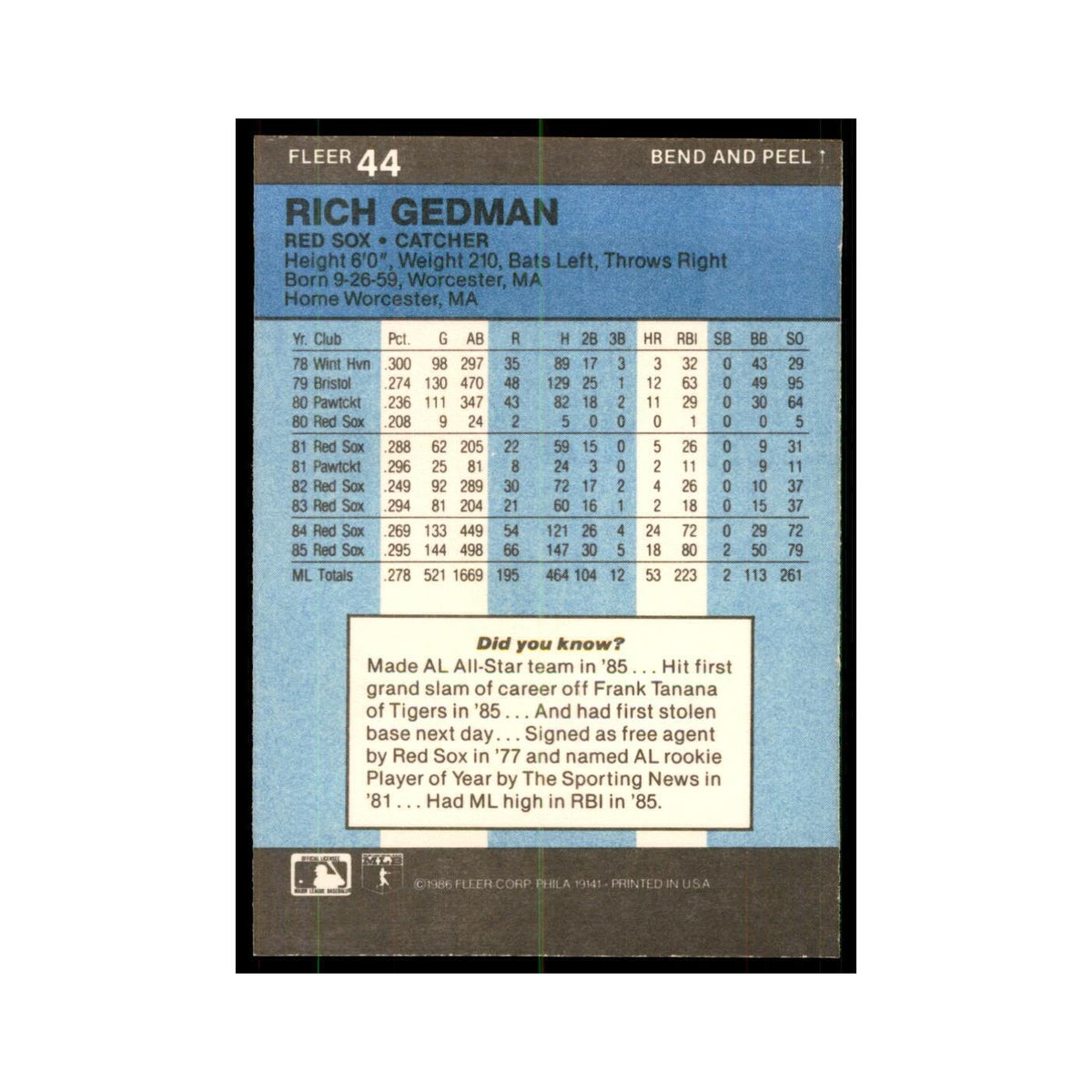 1986 Fleer Star Stickers Rich Gedman Baseball Cards #44