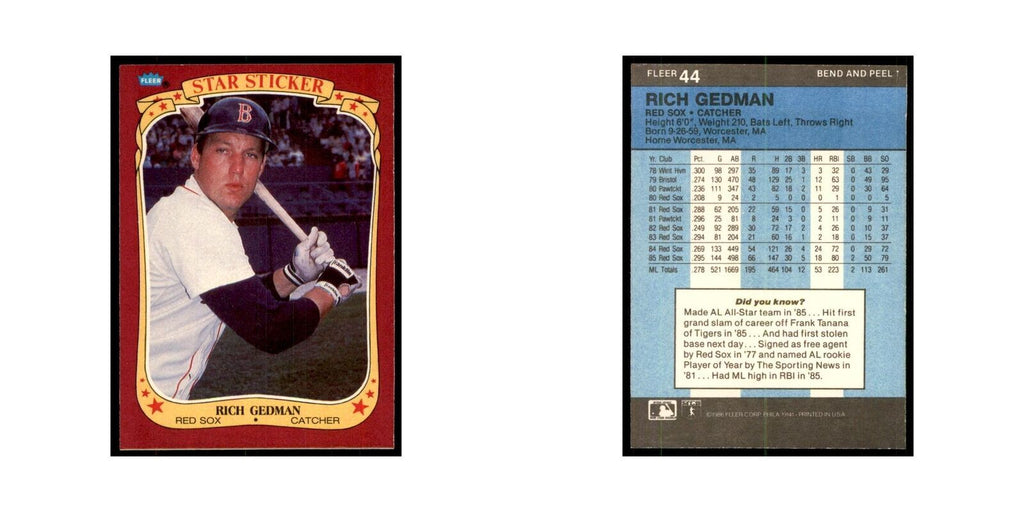 1986 Fleer Star Stickers Rich Gedman Baseball Cards #44