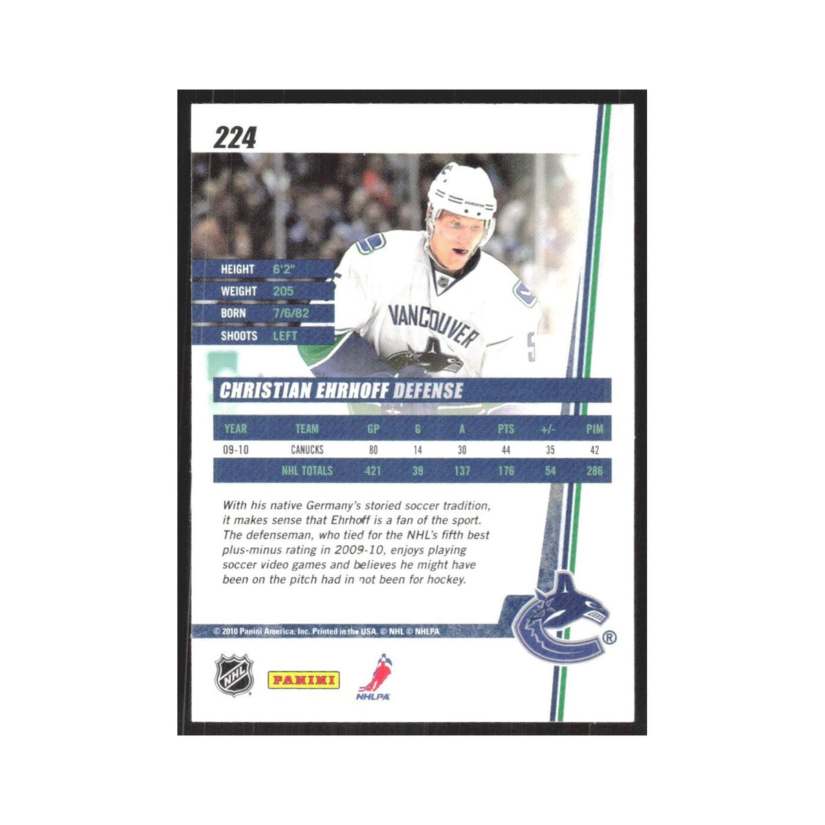 2010 Donruss Christian Ehrhoff Vancouver Canucks #224
