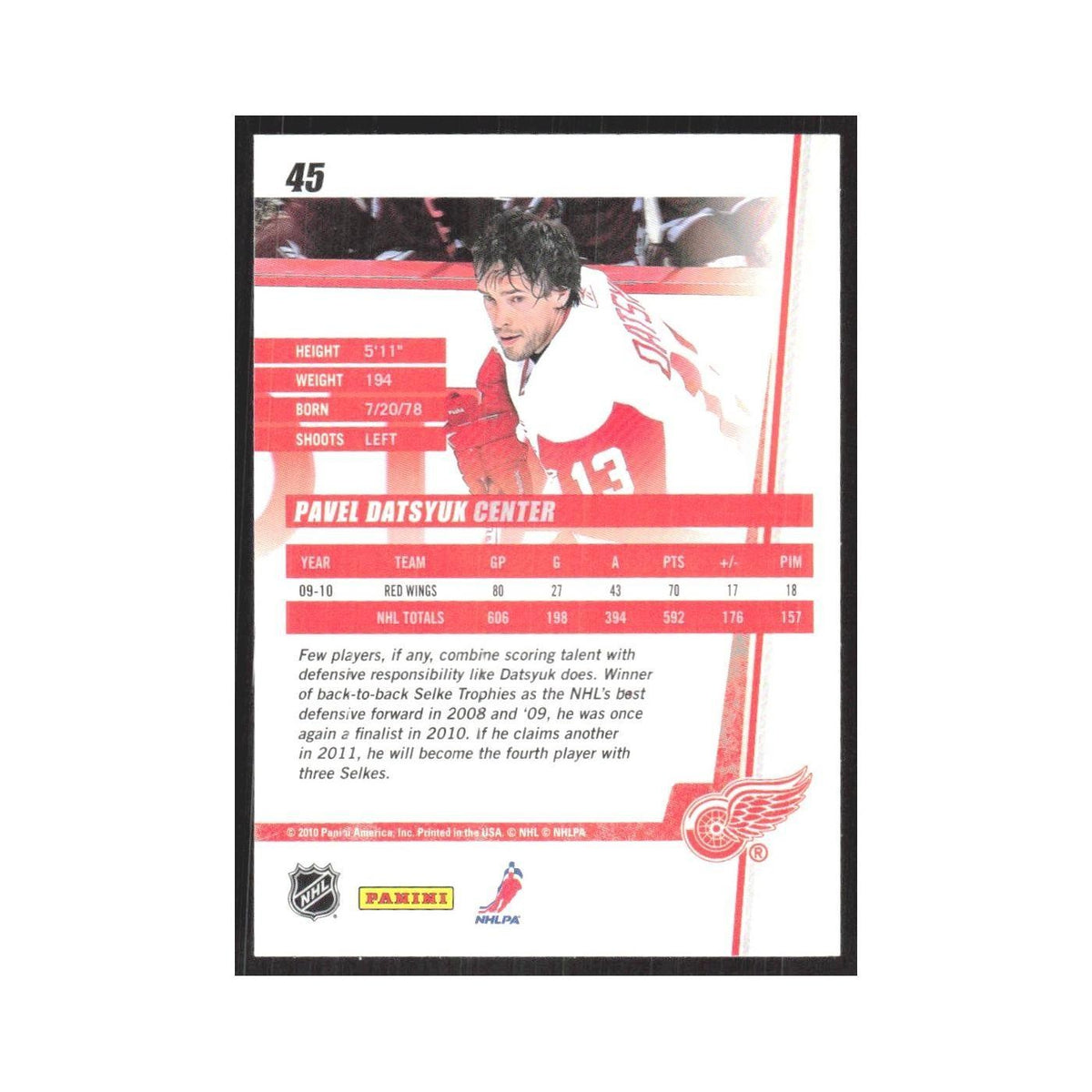 2010 Donruss Pavel Datsyuk Detroit Red Wings #45