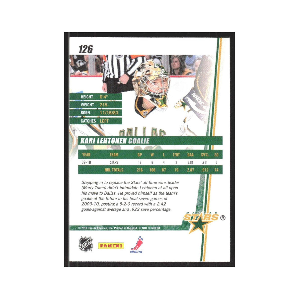 2010 Donruss Kari Lehtonen Dallas Stars #126