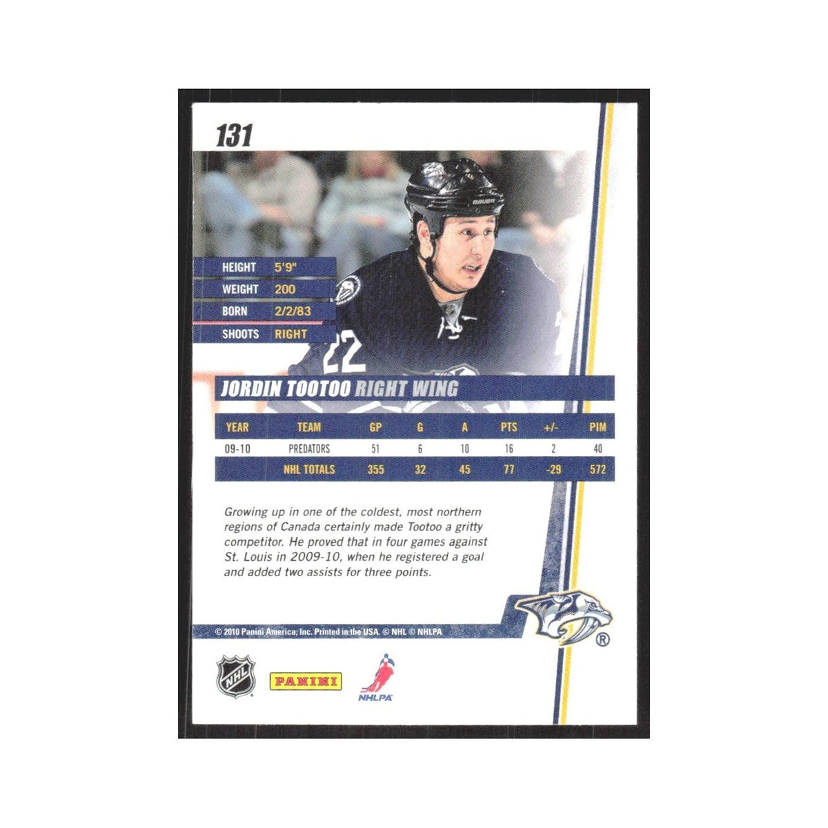 2010 Donruss Jordin Tootoo Nashville Predators #131