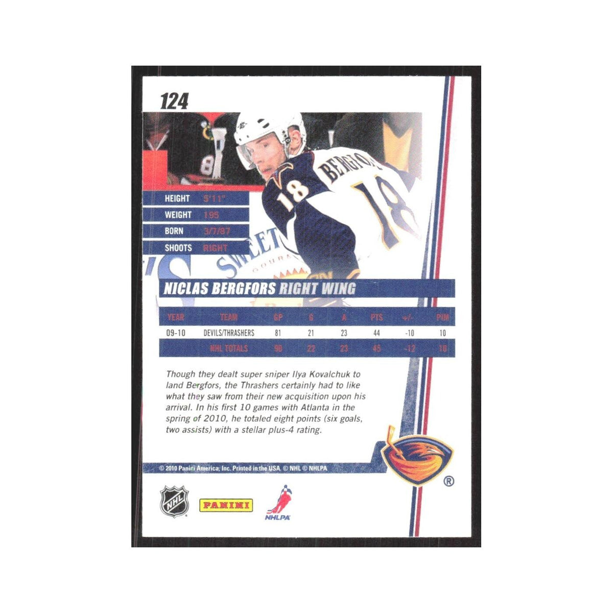 2010 Donruss Nicklas Bergfors Atlanta Thrashers #124