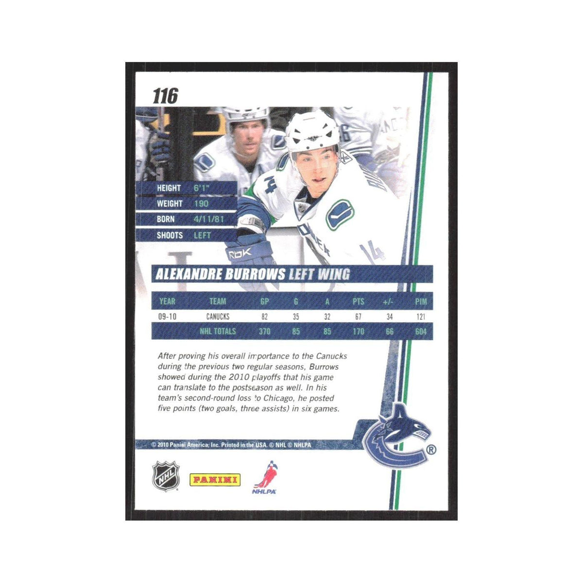 2010 Donruss Alexandre Burrows Vancouver Canucks #116