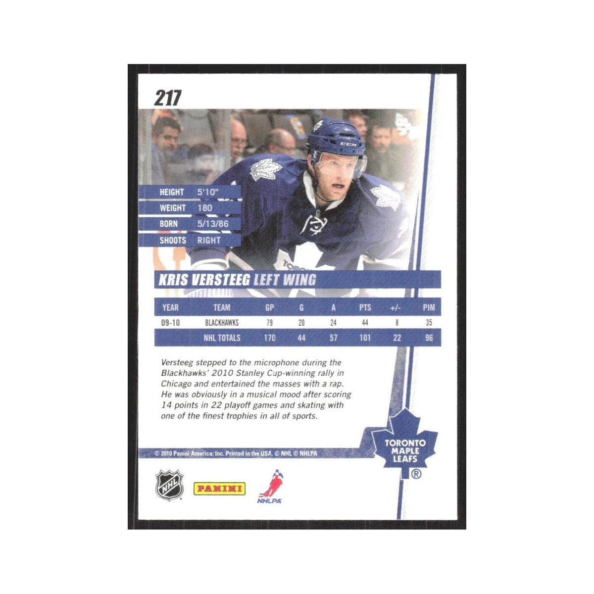 2010 Donruss Kris Versteeg Toronto Maple Leafs #217