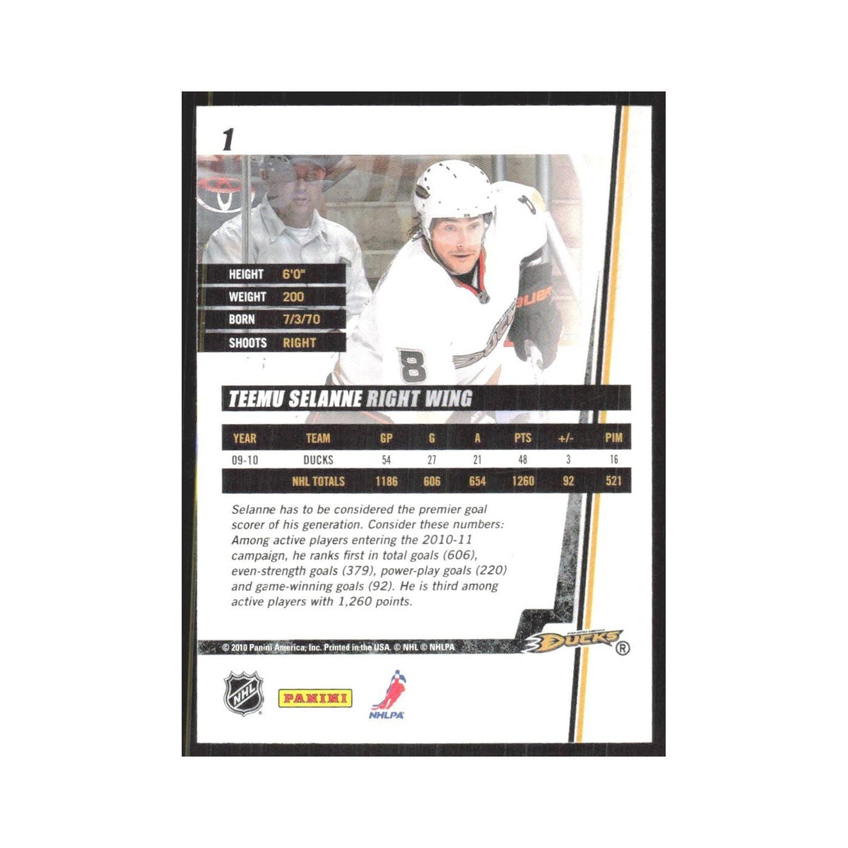 2010 Donruss Teemu Selanne Anaheim Ducks #1