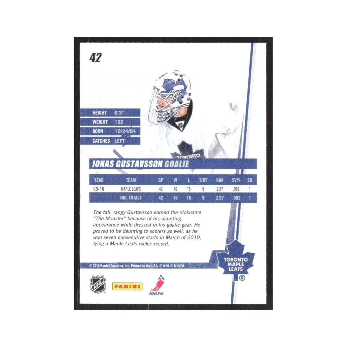 2010 Donruss Jonas Gustavsson Toronto Maple Leafs #42