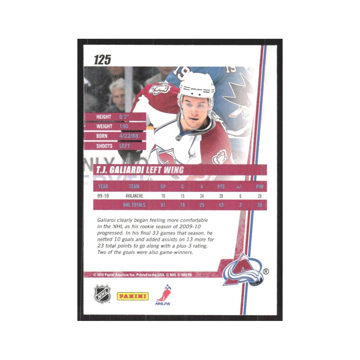 2010 Donruss T.J. Galiardi Colorado Avalanche #125
