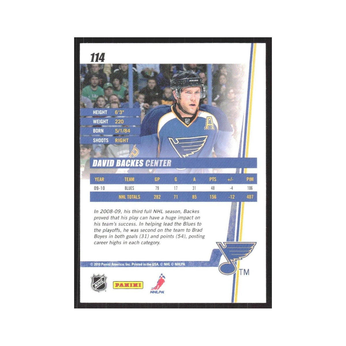 2010 Donruss David Backes St. Louis Blues #114