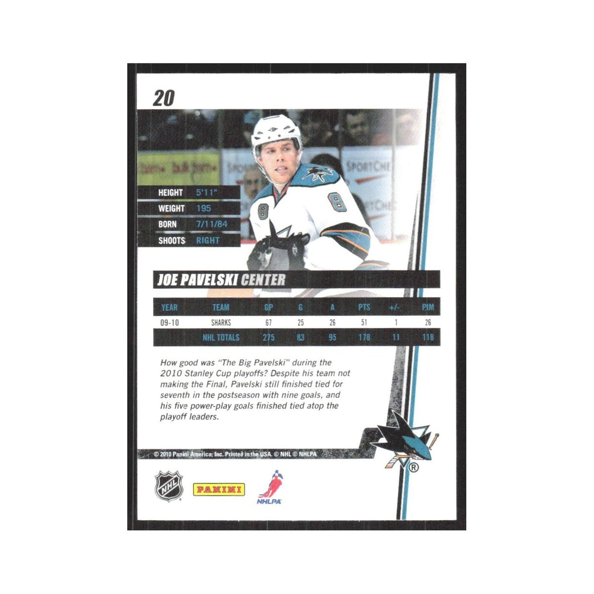 2010 Donruss Joe Pavelski San Jose Sharks #20