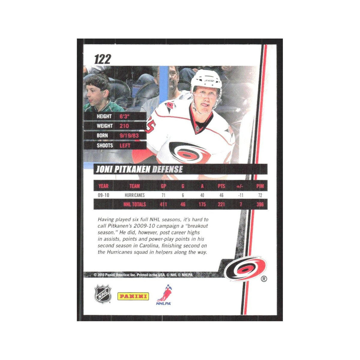 2010 Donruss Joni Pitkanen Carolina Hurricanes #122