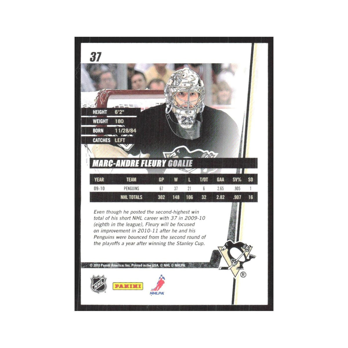 2010 Donruss Marc-Andre Fleury Pittsburgh Penguins #37