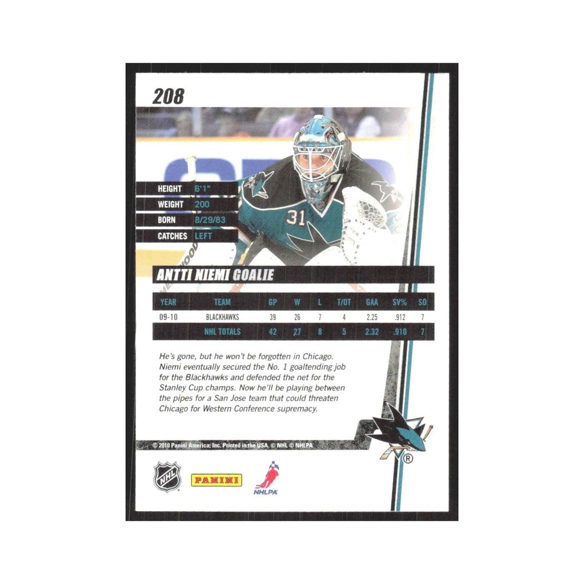 2010 Donruss Antti Niemi San Jose Sharks #208