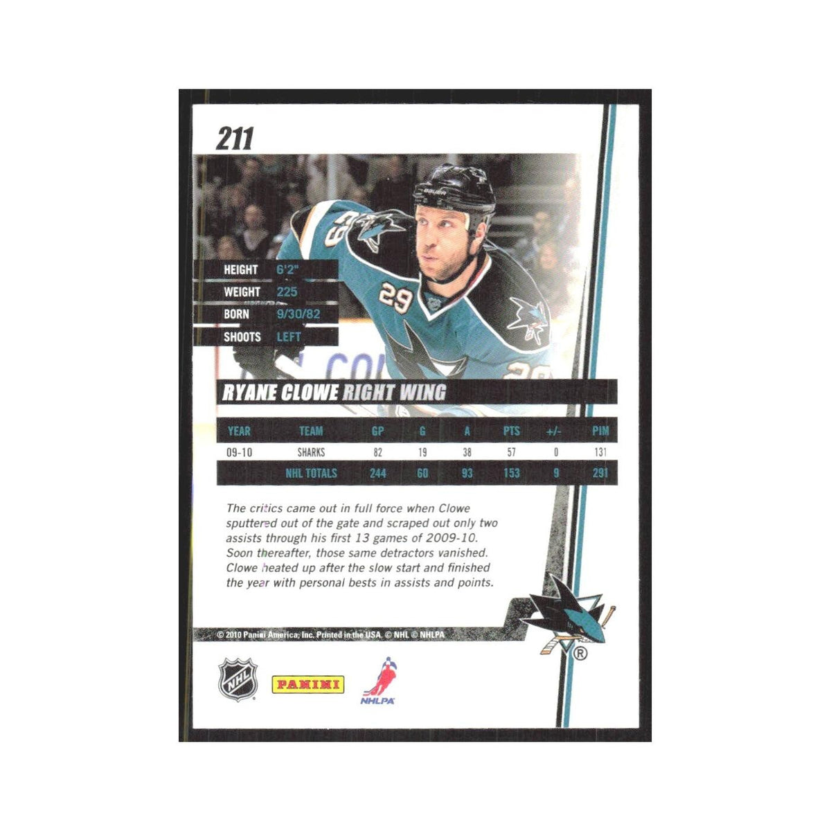 2010 Donruss Ryane Clowe San Jose Sharks #211