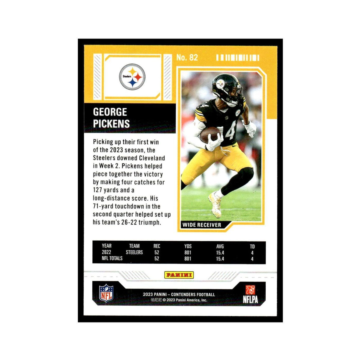 George Pickens 2023 Panini Contenders #82 Pittsburgh Steelers Football Card NM
