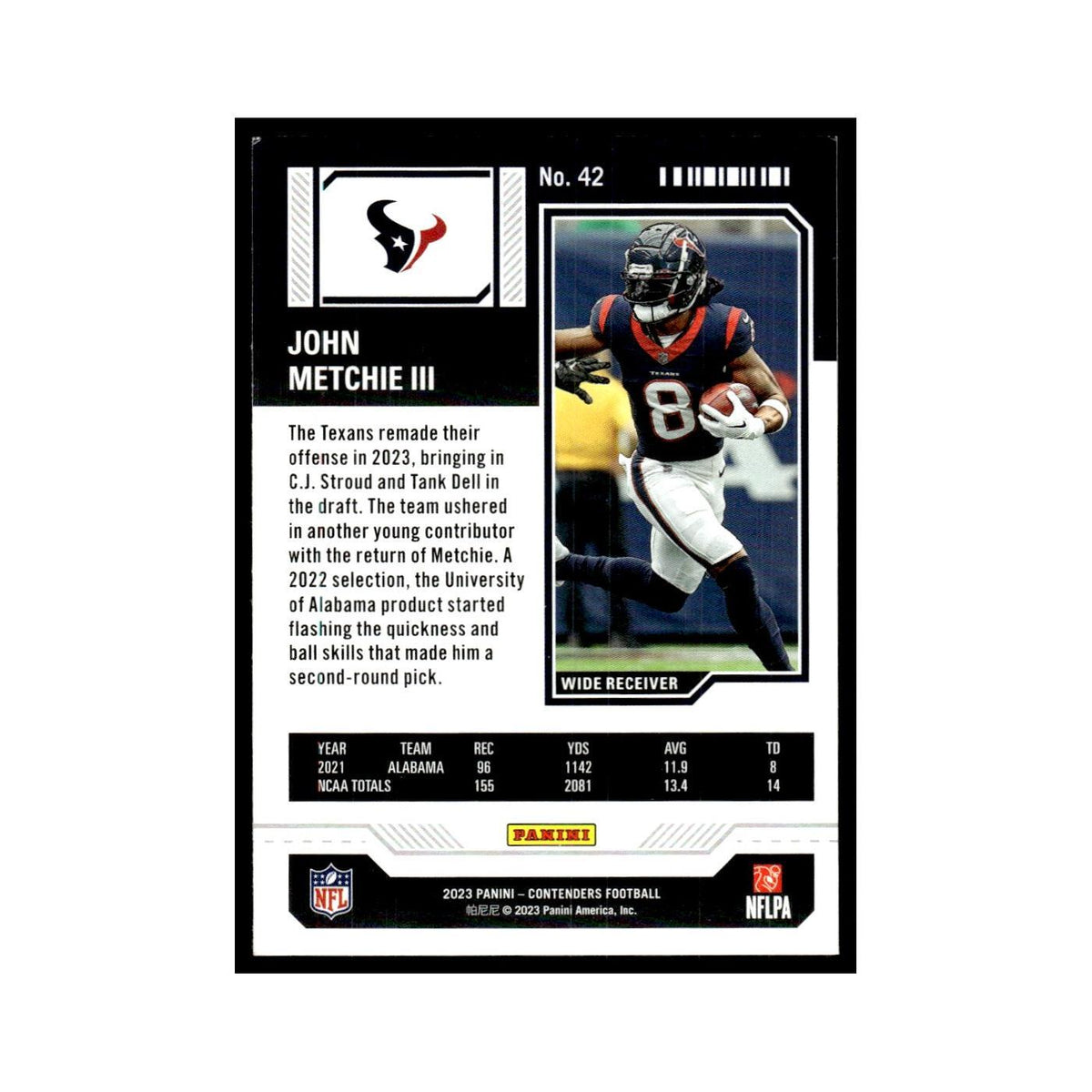 John Metchie III 2023 Panini Contenders #42 Houston Texans Football Card NM