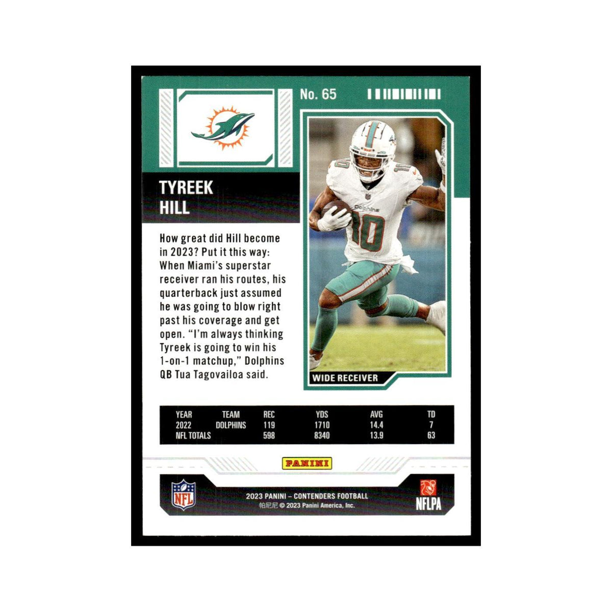 Tyreek Hill 2023 Panini Contenders #65 Miami Dolphins Football Card NM
