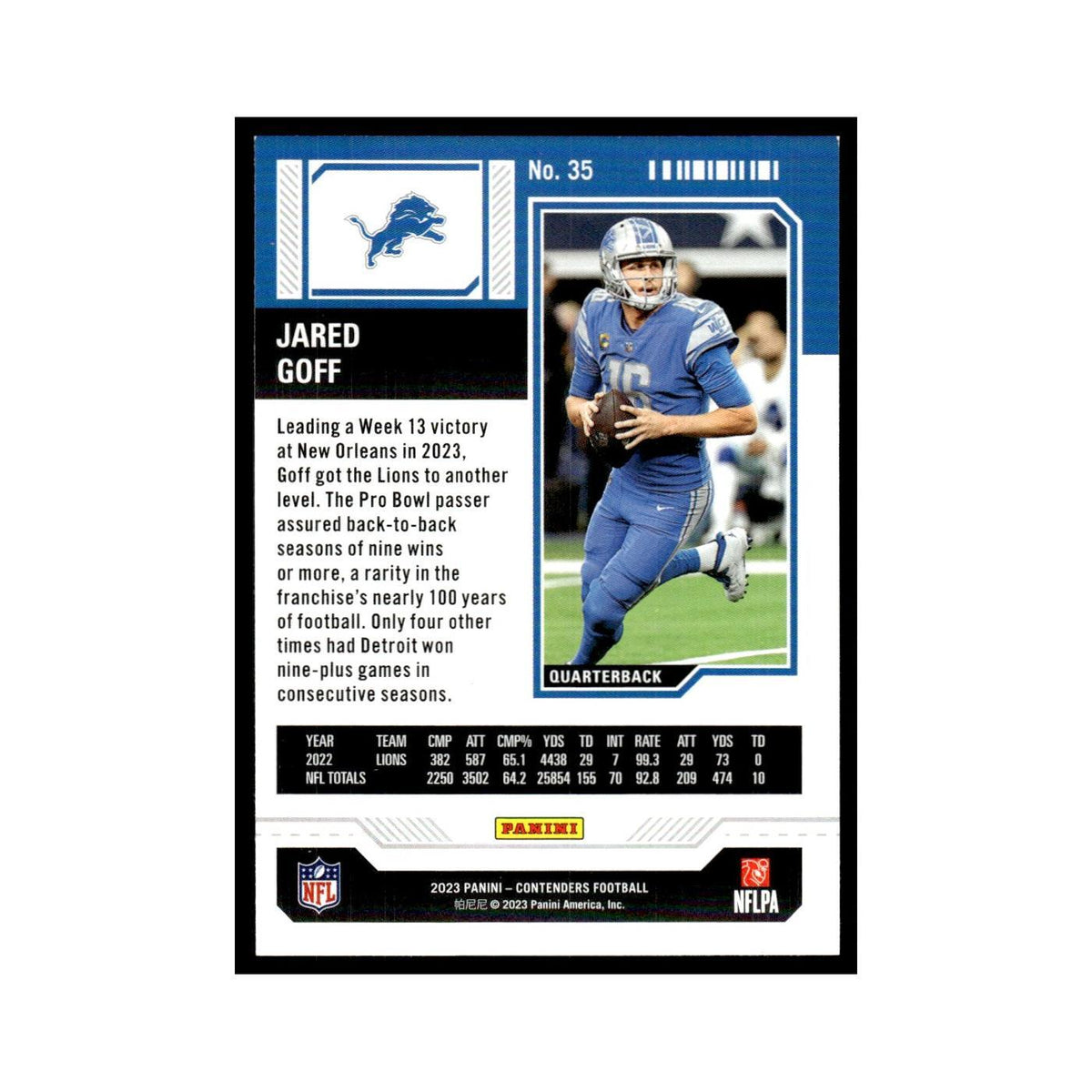 Jared Goff 2023 Panini Contenders #35 Detroit Lions Football Card NM