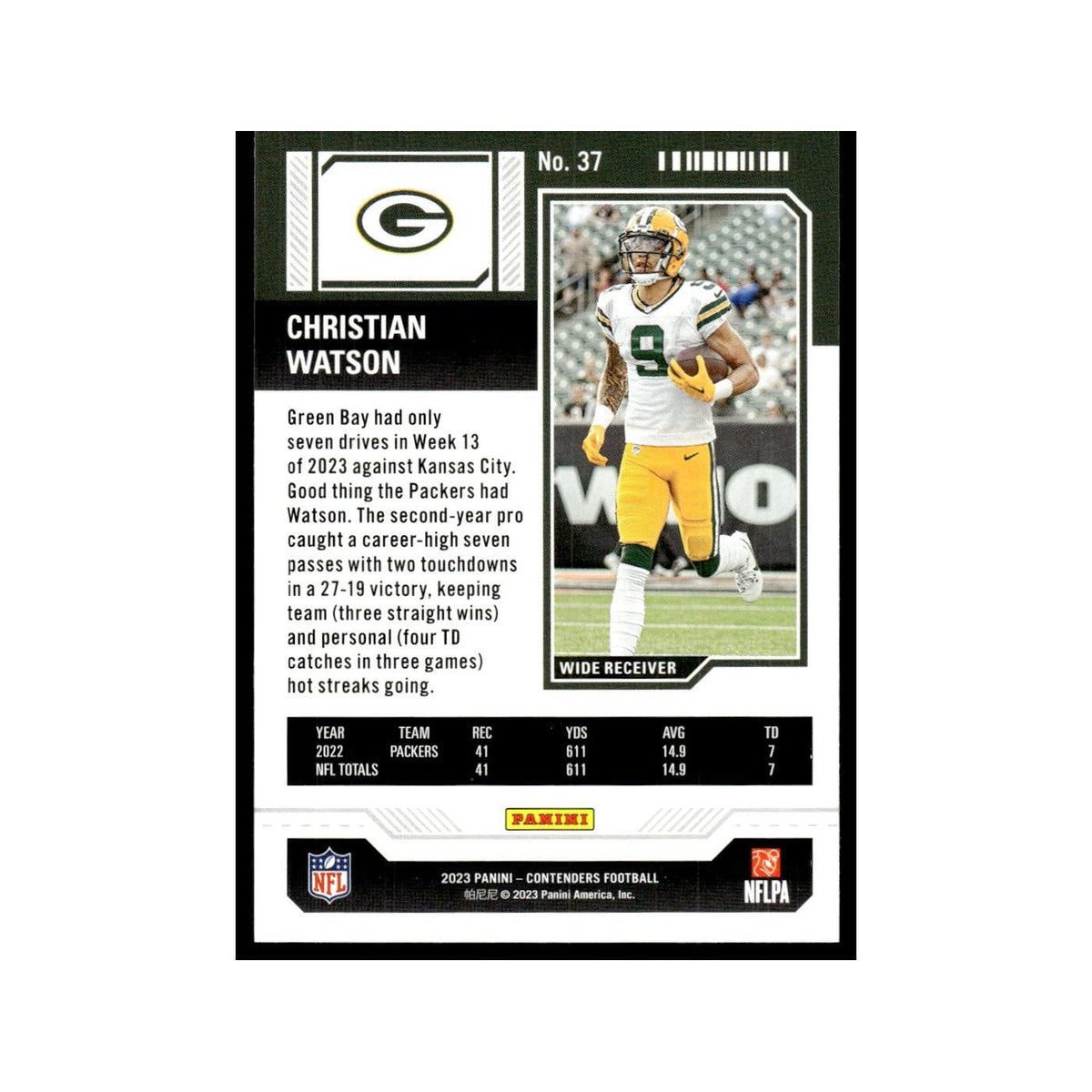 Christian Watson 2023 Panini Contenders #37 Green Bay Packers Football Card NM