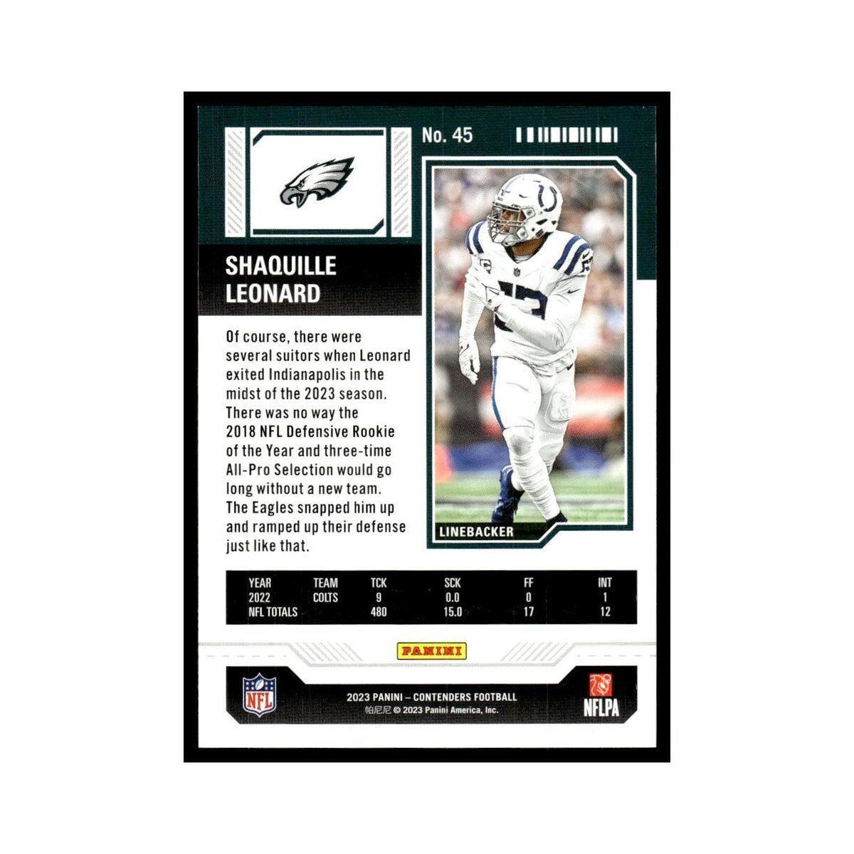 Shaquille Leonard 2023 Panini Contenders #45 Philadelphia Eagles NM