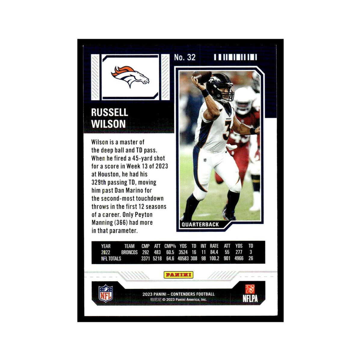 Russell Wilson 2023 Panini Contenders #32 Denver Broncos Football Card NM
