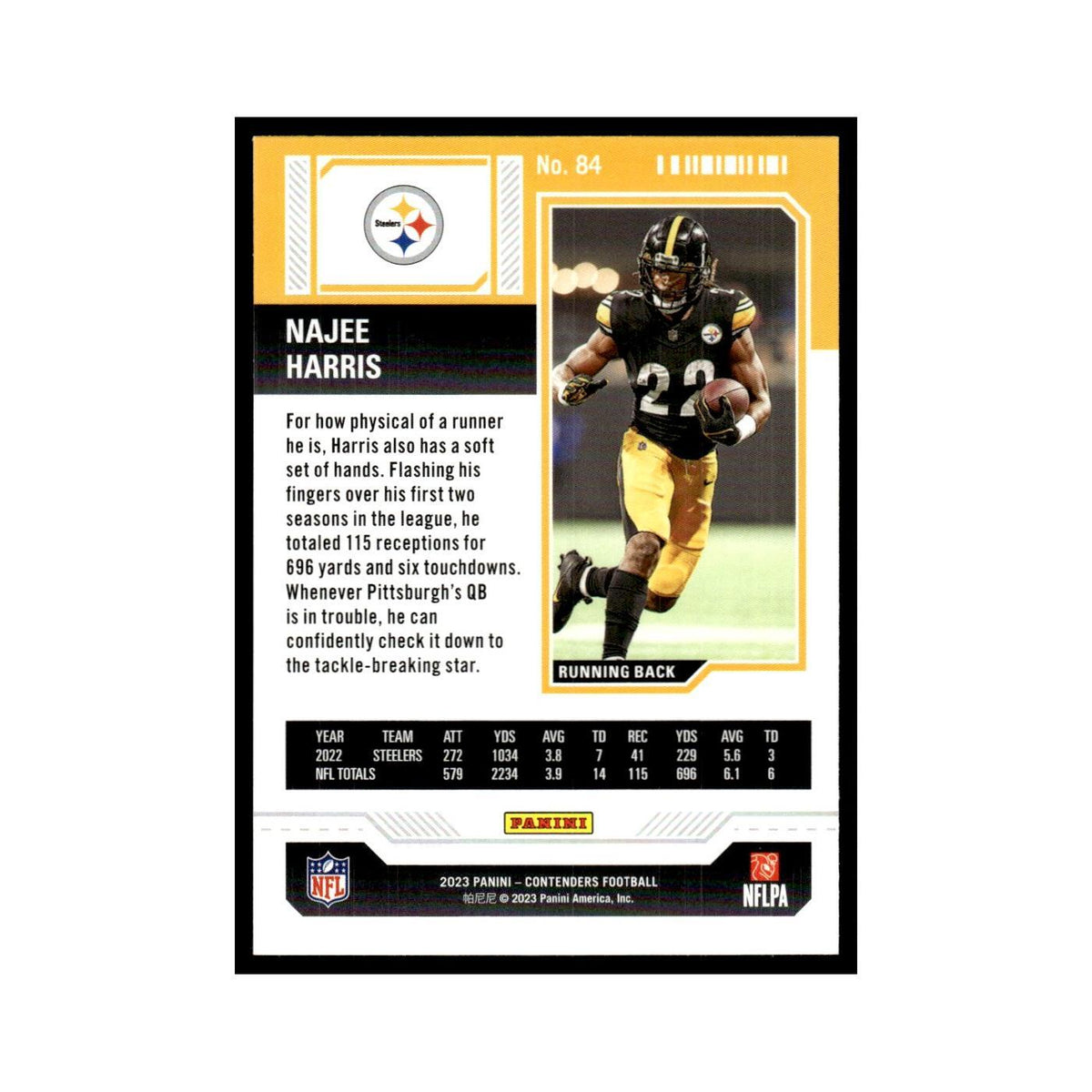Najee Harris 2023 Panini Contenders #84 Pittsburgh Steelers Football Card NM