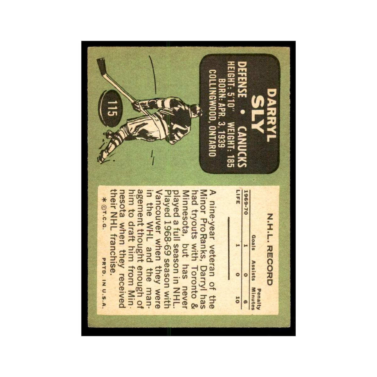 1970 Topps Darryl Sly RC Vancouver Canucks #115