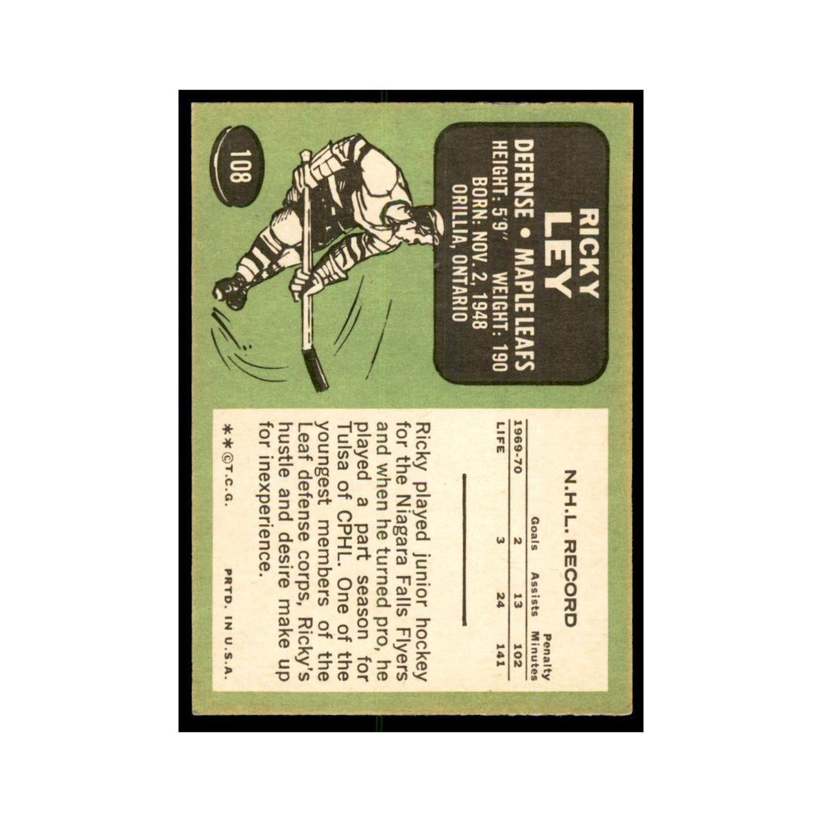1970 Topps Rickey Ley Toronto Maple Leafs #108