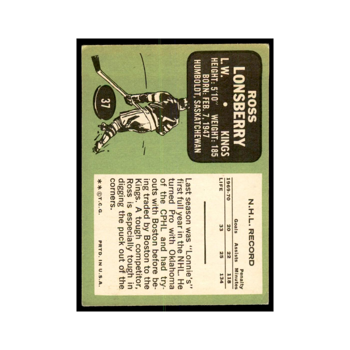 1970 Topps Ross Lonsberry Los Angeles Kings #37