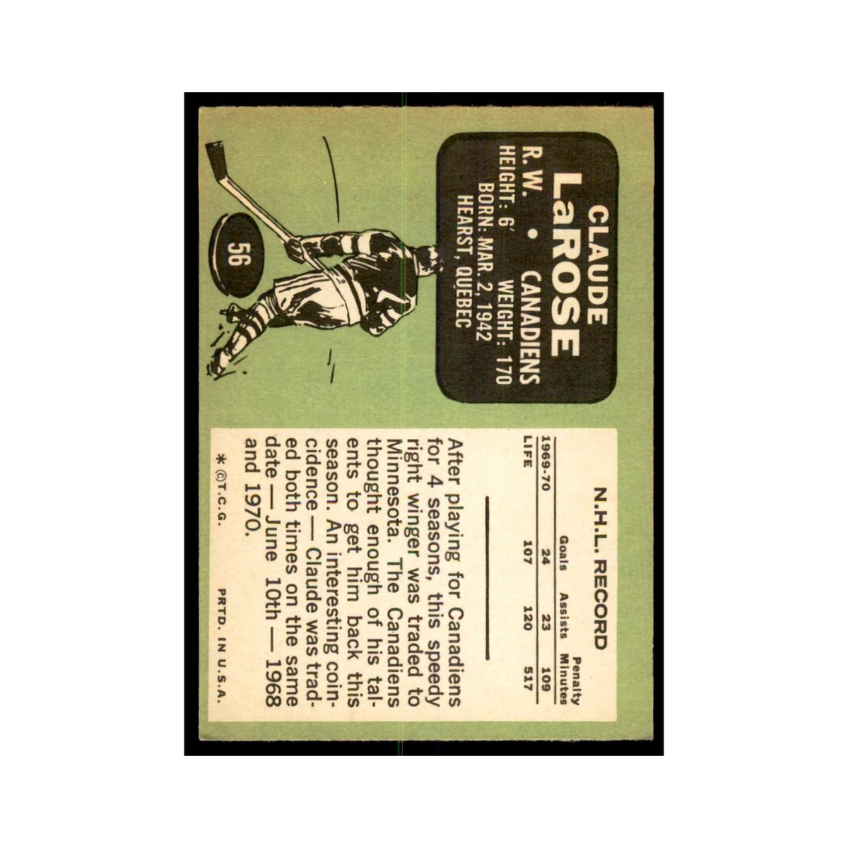 1970 Topps Claude Larose Montreal Canadiens #56