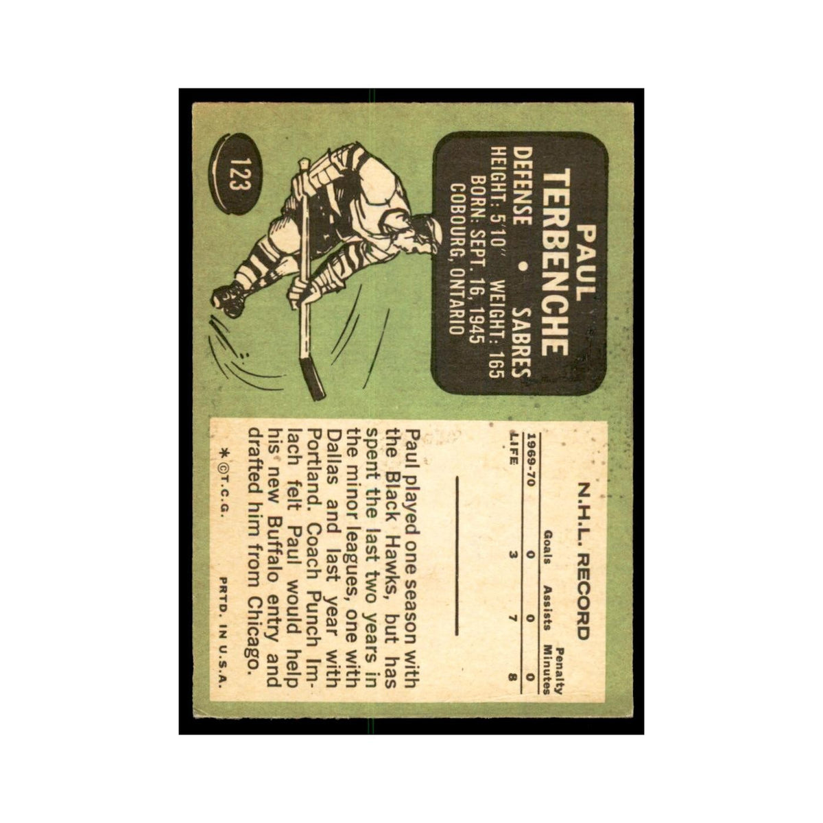 1970 Topps Paul Terbenche Buffalo Sabres #123