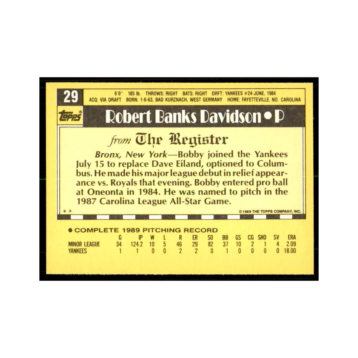 1989 Topps Major League Debut Bobby Davidson Baseball Cards #29