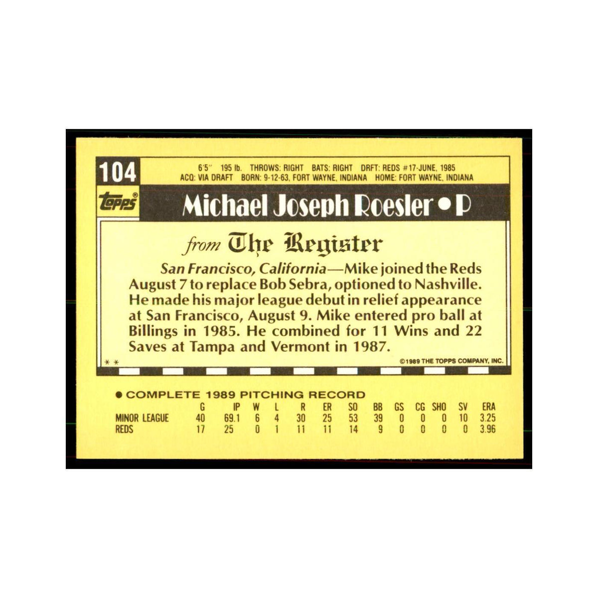 1989 Topps Major League Debut Mike Roesler Baseball Cards #104