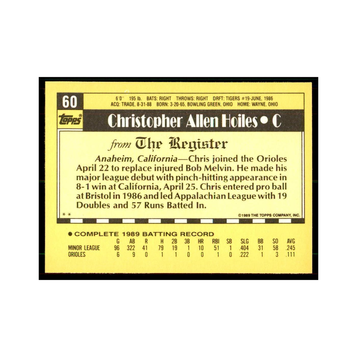 1989 Topps Major League Debut Chris Hoiles Baseball Cards #60