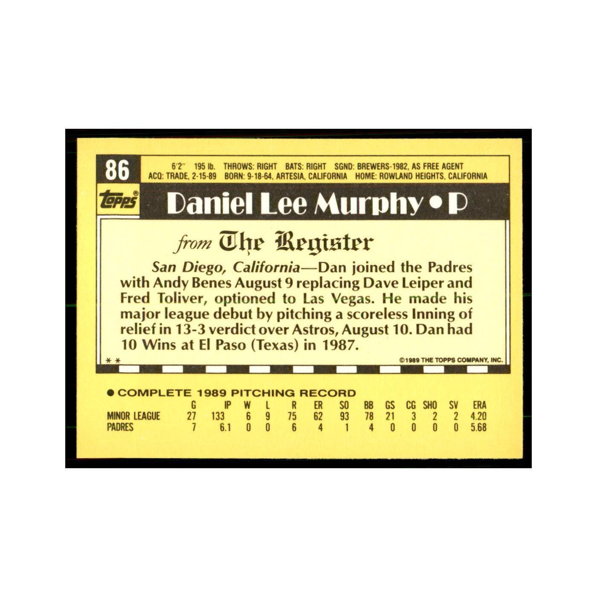 1989 Topps Major League Debut Dan Murphy Baseball Cards #86