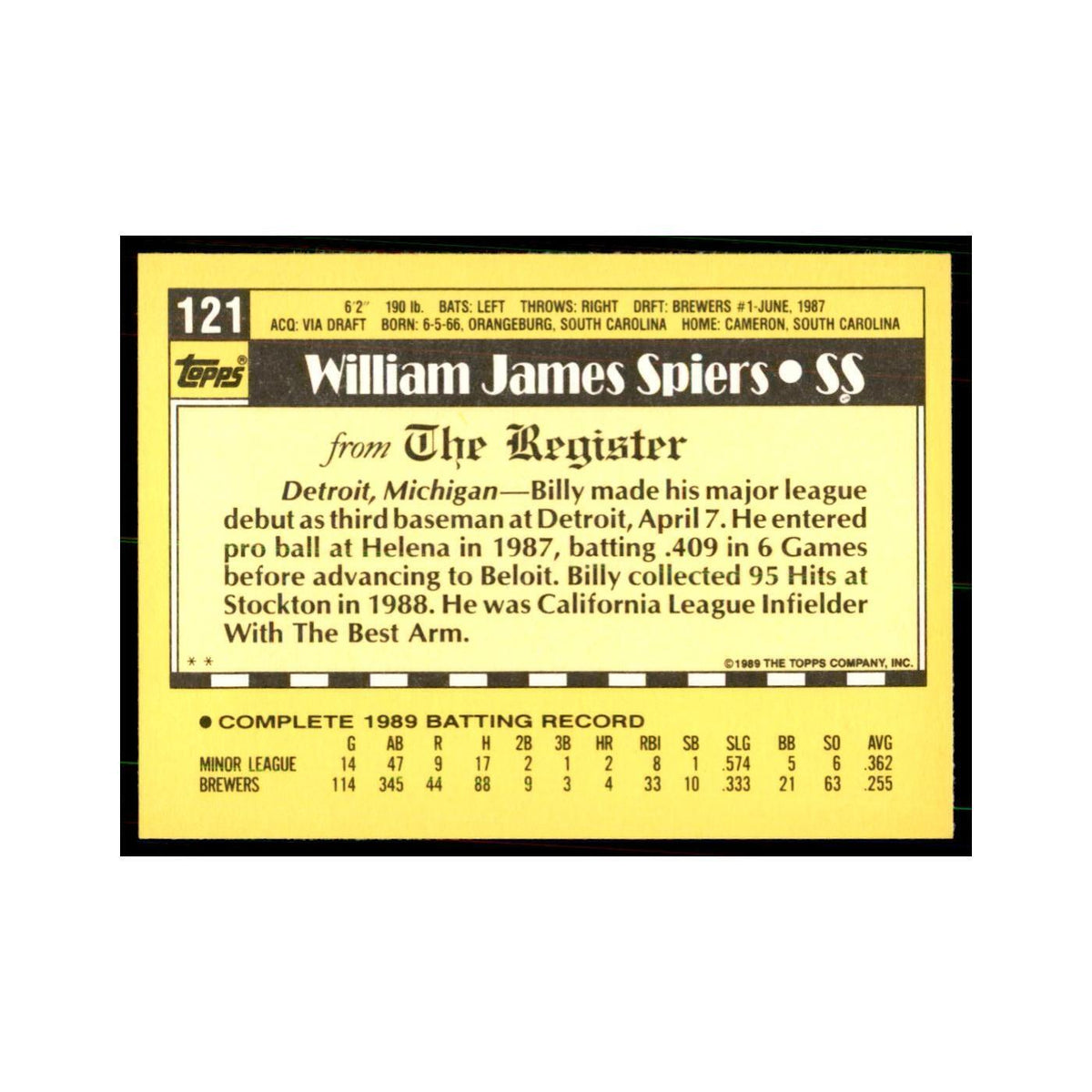 1989 Topps Major League Debut Billy Spiers Baseball Cards #121