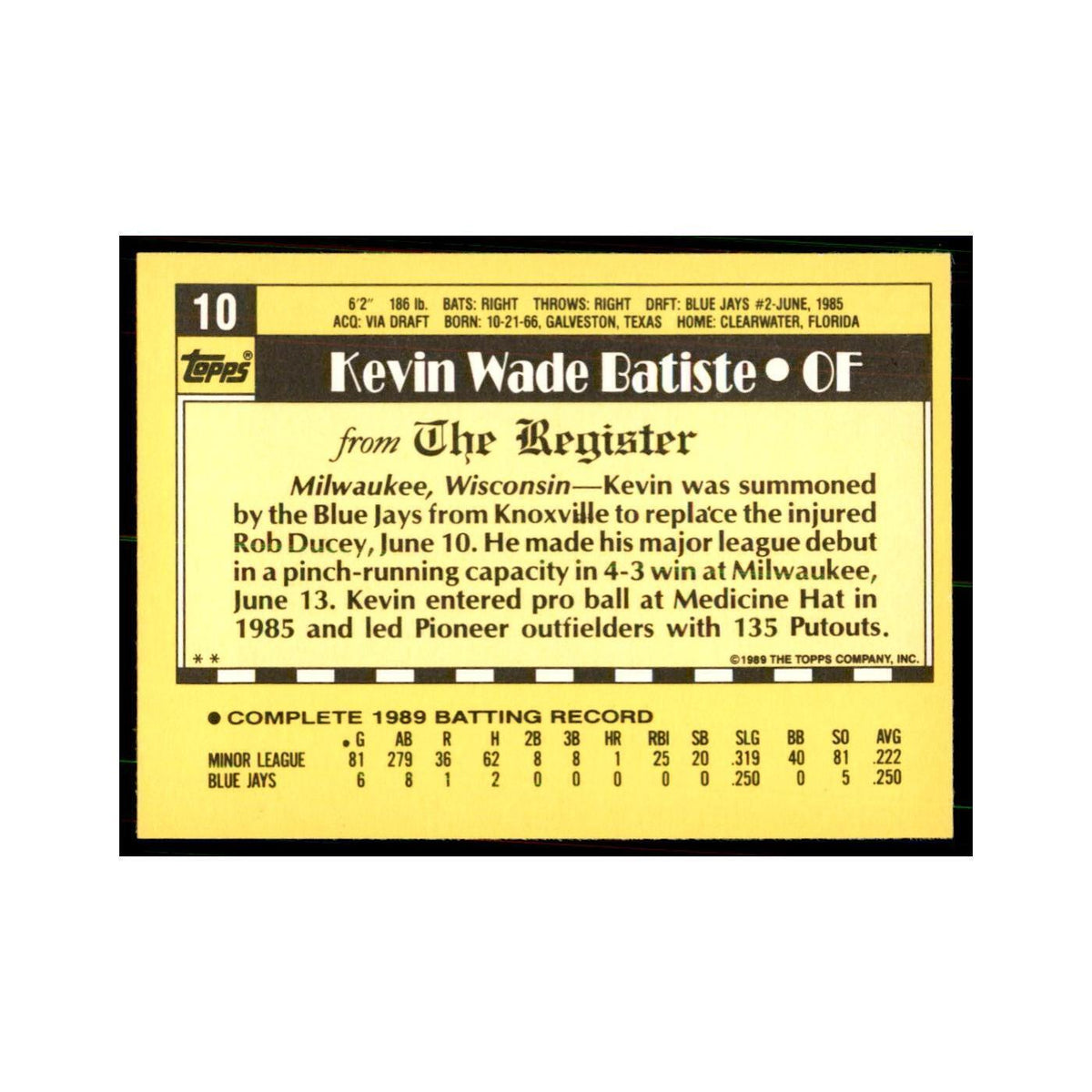 1989 Topps Major League Debut Kevin Batiste Baseball Cards #10