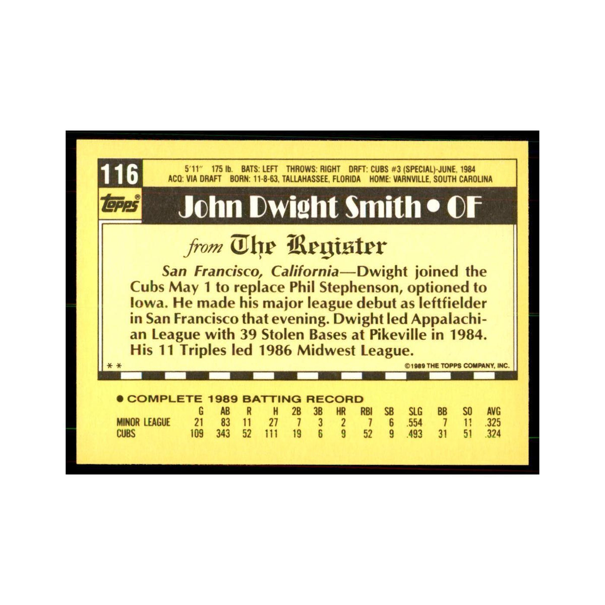 1989 Topps Major League Debut Dwight Smith Baseball Cards #116