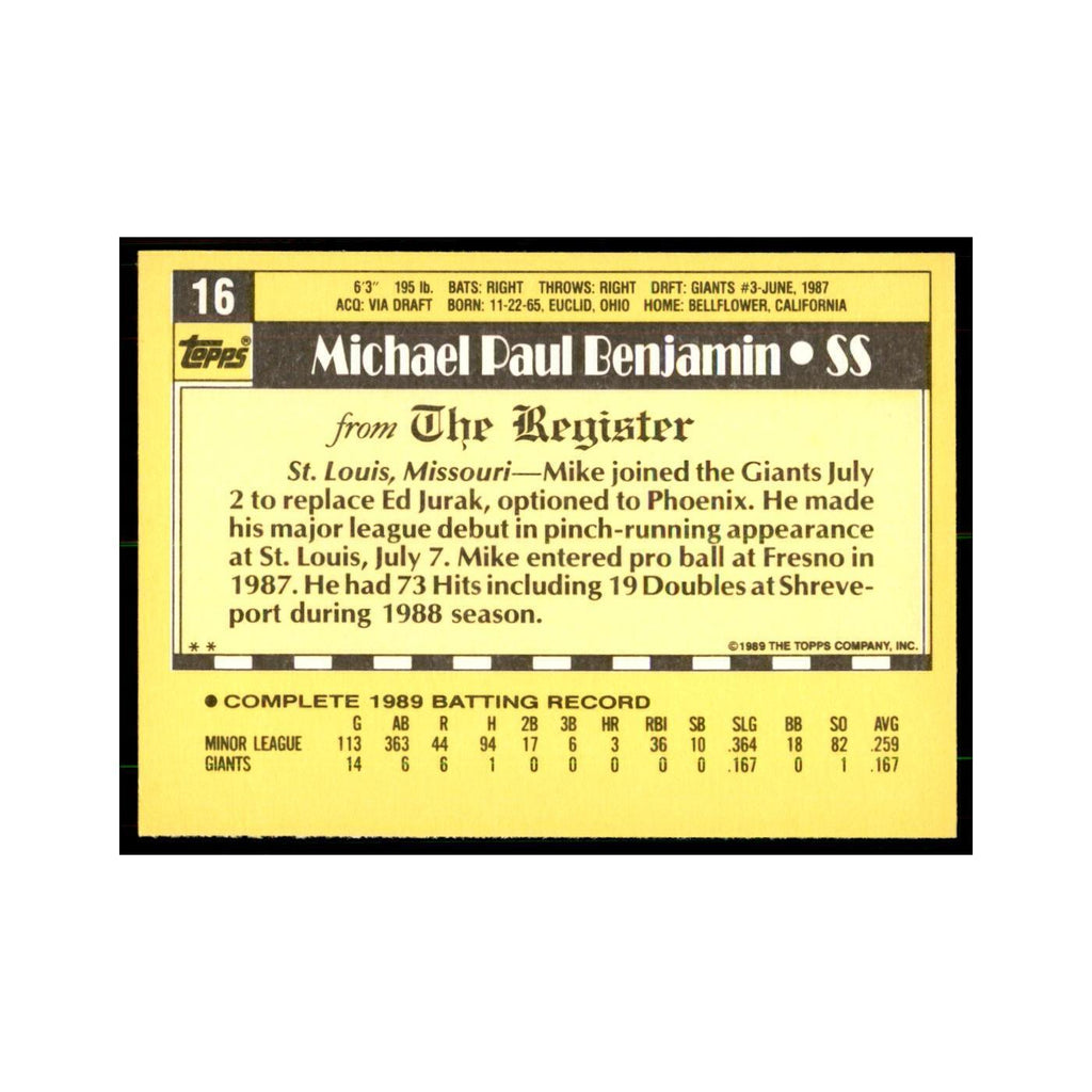 1989 Topps Major League Debut Mike Benjamin Baseball Cards #16