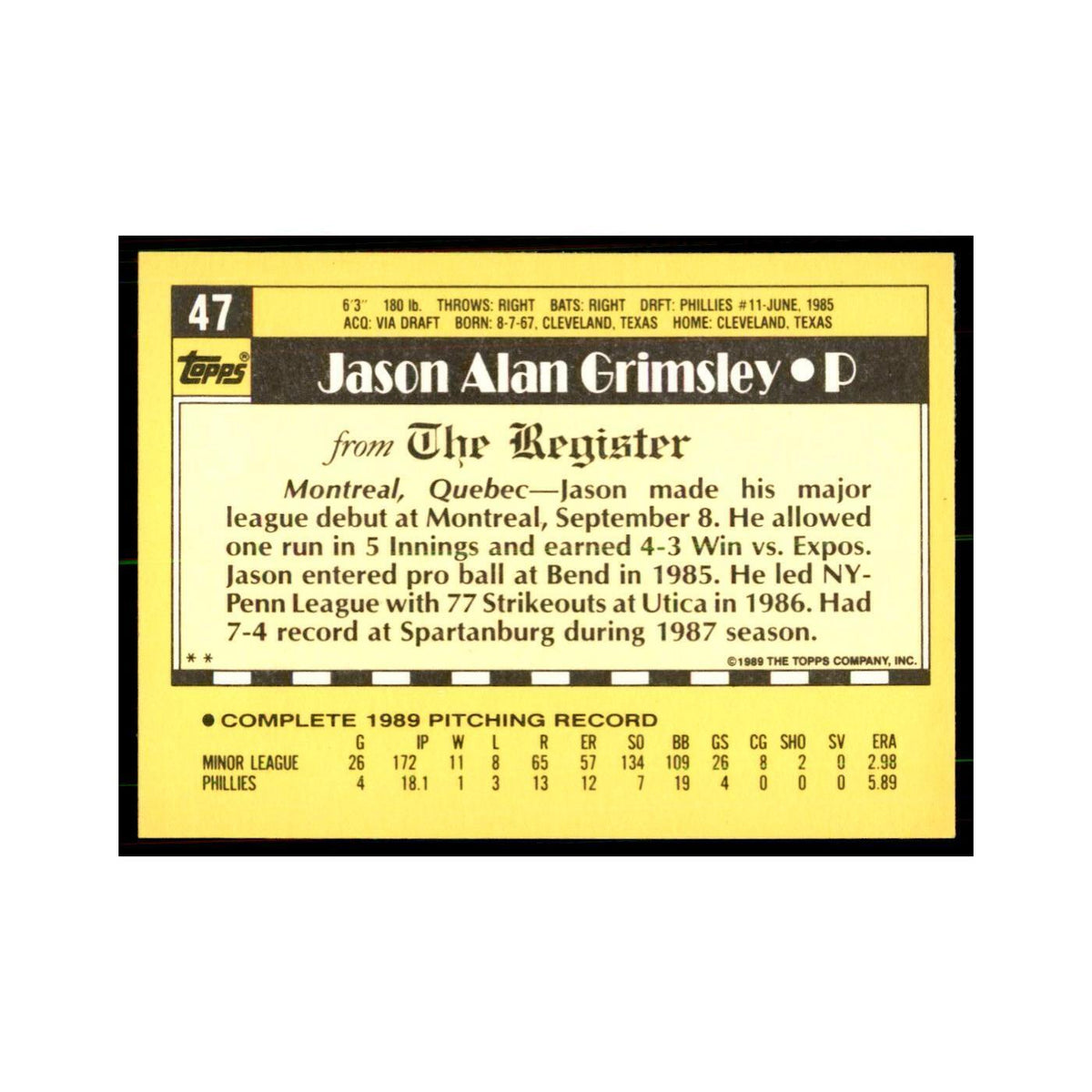 1989 Topps Major League Debut Jason Grimsley Baseball Cards #47