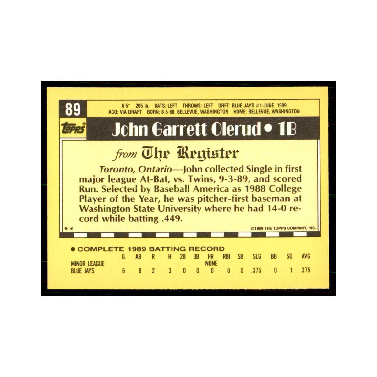 1989 Topps Major League Debut John Olerud Baseball Cards #89