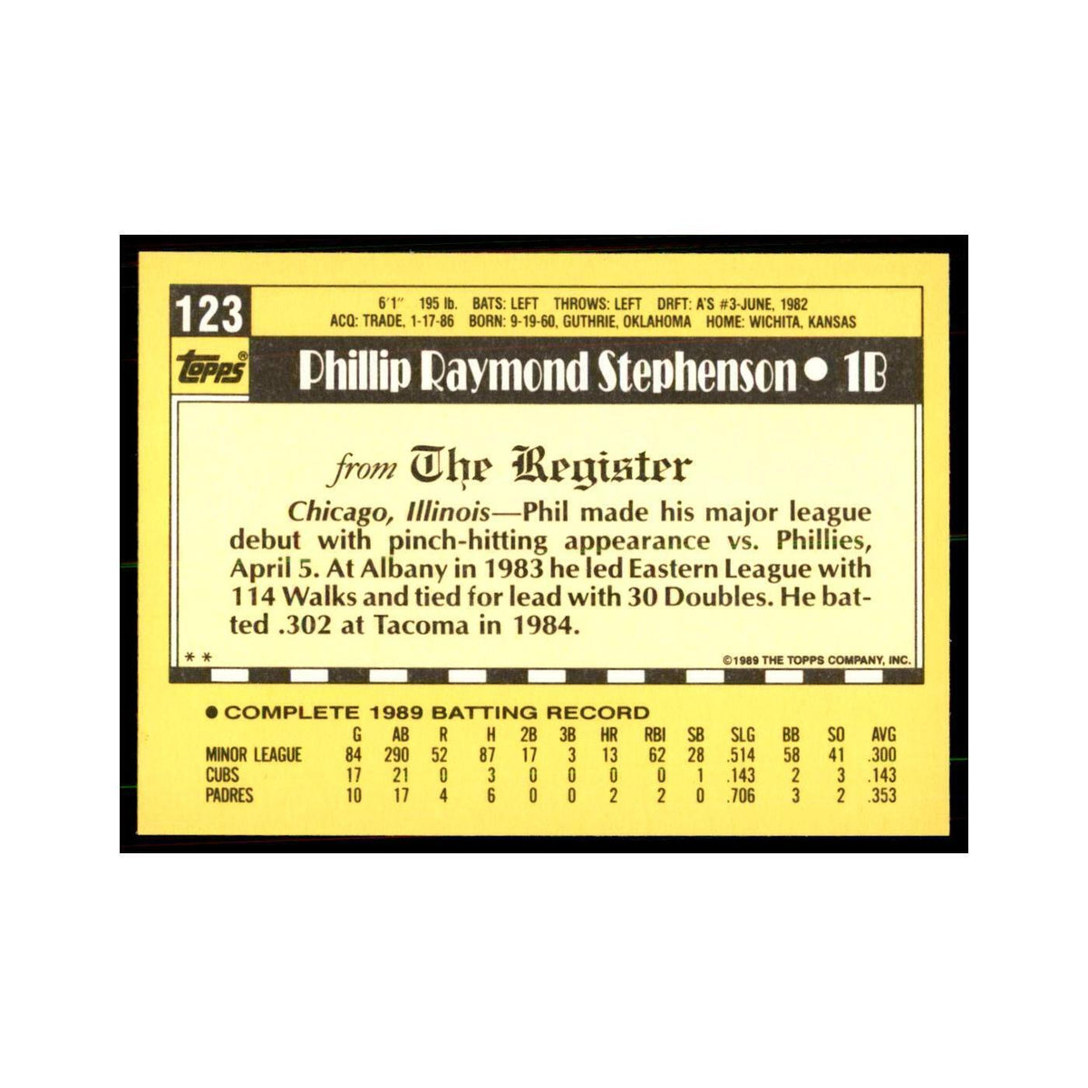 1989 Topps Major League Debut Phil Stephenson Baseball Cards #123
