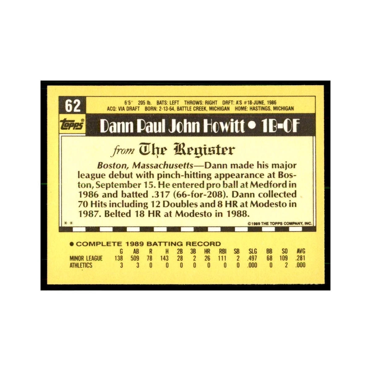 1989 Topps Major League Debut Dann Howitt Baseball Cards #62
