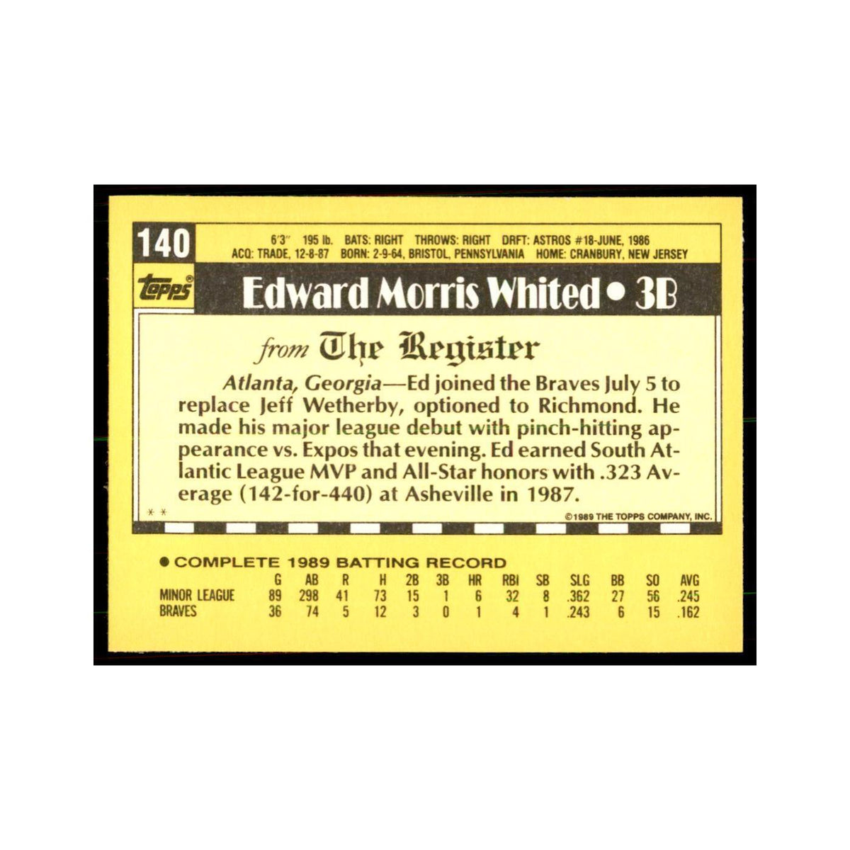 1989 Topps Major League Debut Ed Whited Baseball Cards #140