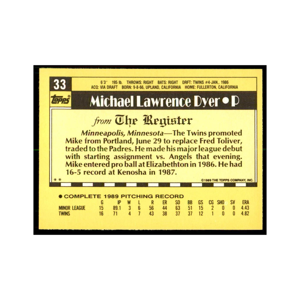 1989 Topps Major League Debut Mike Dyer Baseball Cards #33