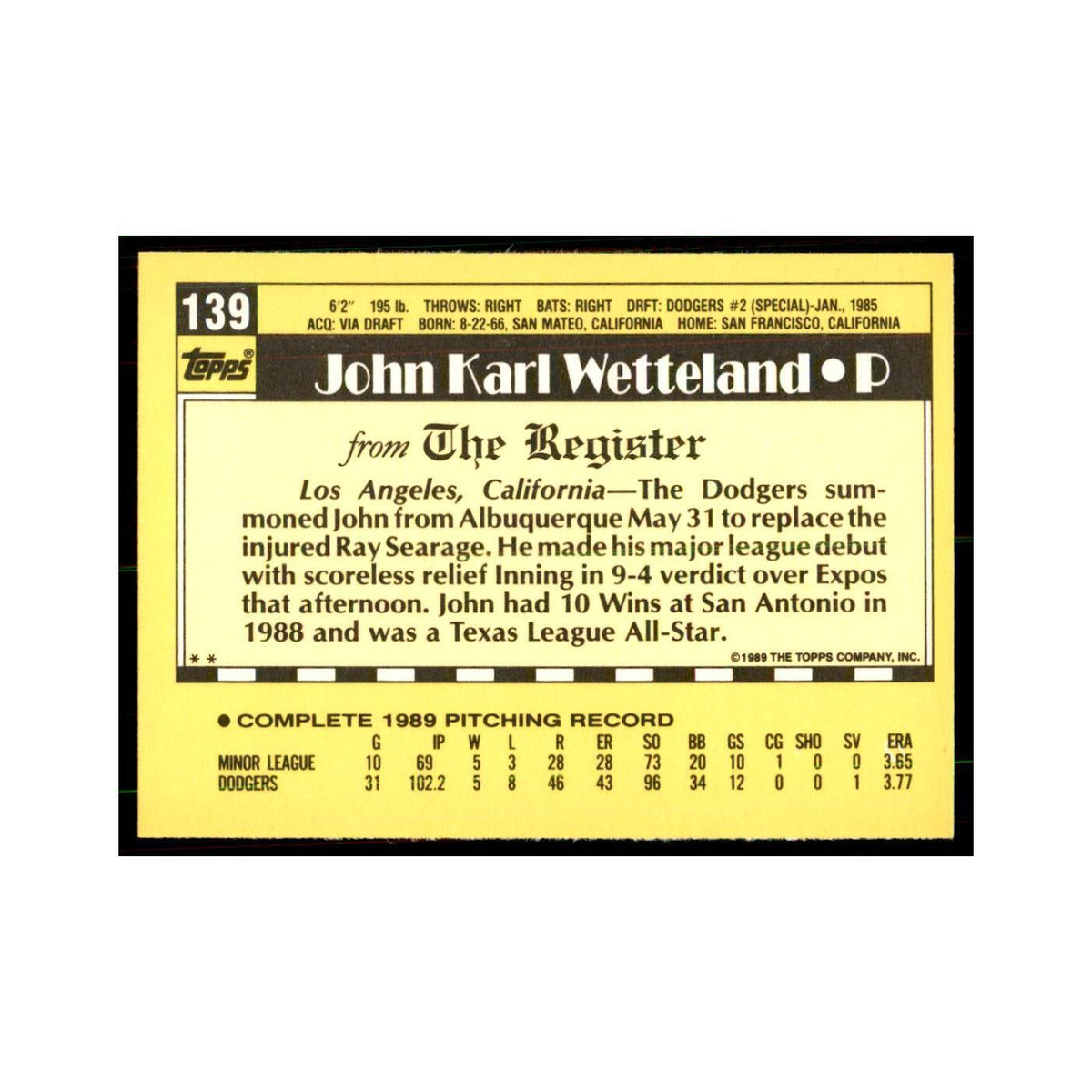 1989 Topps Major League Debut John Wetteland Baseball Cards #139