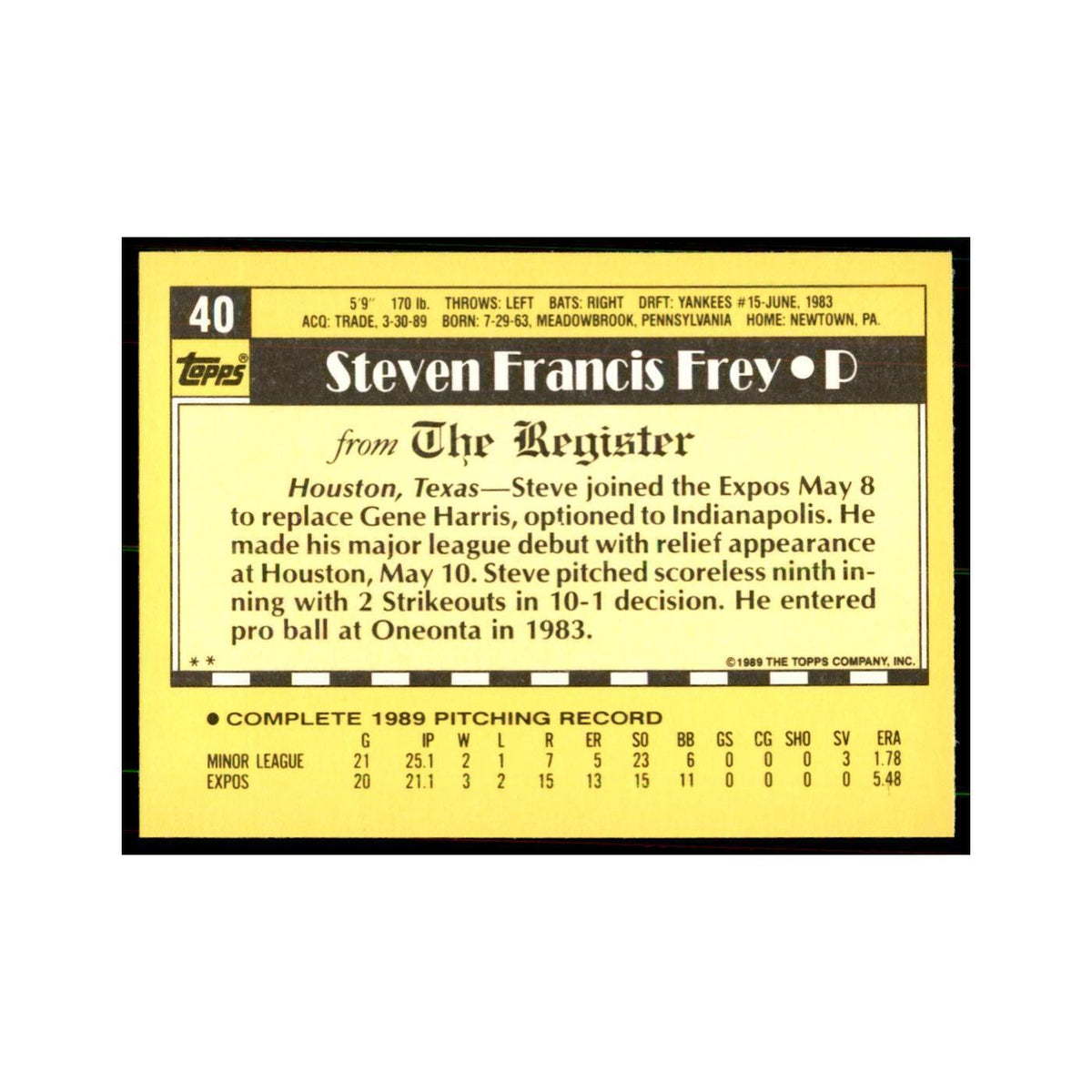 1989 Topps Major League Debut Steve Frey Baseball Cards #40
