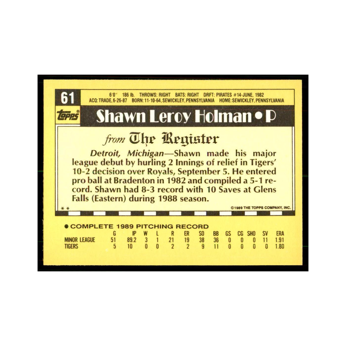 1989 Topps Major League Debut Shawn Holman Baseball Cards #61