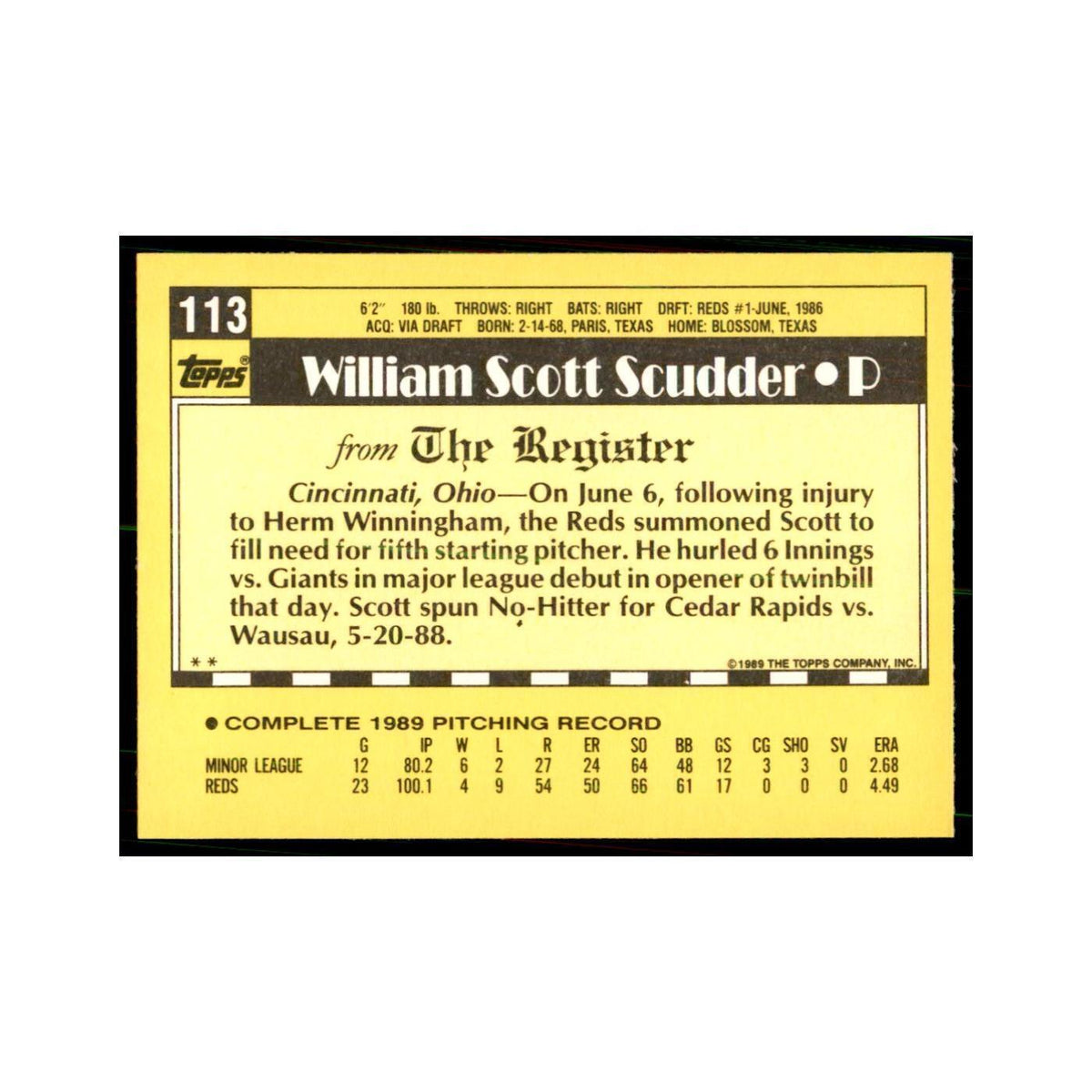1989 Topps Major League Debut Scott Scudder Baseball Cards #113