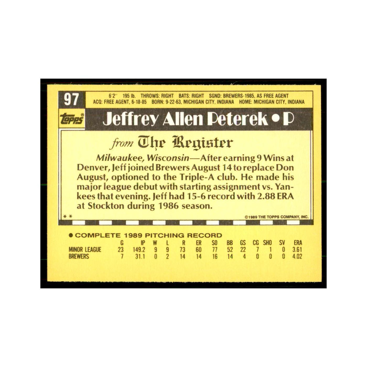 1989 Topps Major League Debut Jeff Peterek Baseball Cards #97